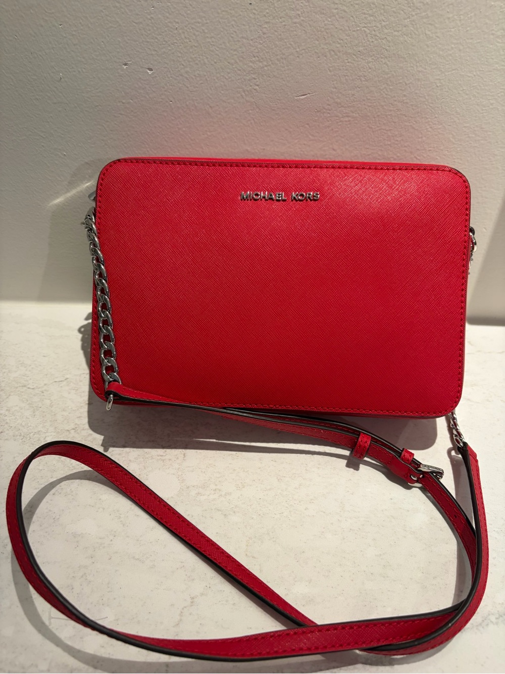 MICHAEL KORS Red Saffiano Leather Chain-Accent Crossbody